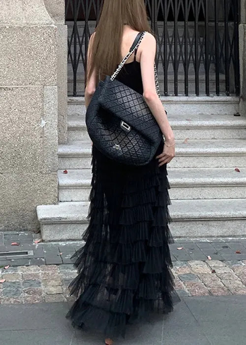 New Black Wrinkled Tulle Spaghetti Strap Dress Sleeveless