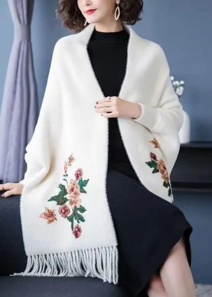 White V Neck Tasseled Patchwork Mink Velvet Cardigans Fall