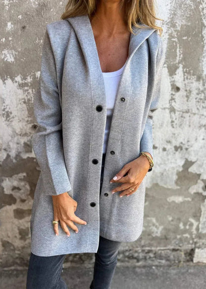 Grey Hooded Button Pockets Cotton Coat Fall