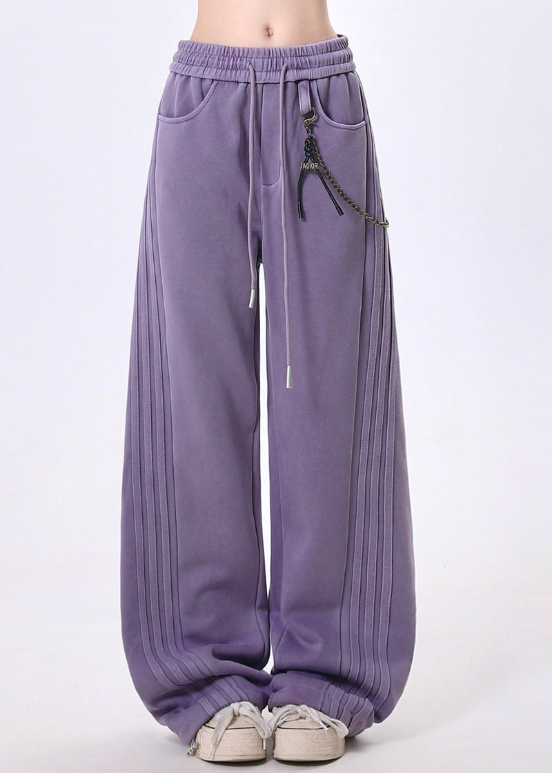 Grey Pockets Patchwork Elastic Waist Cotton Pants Spring