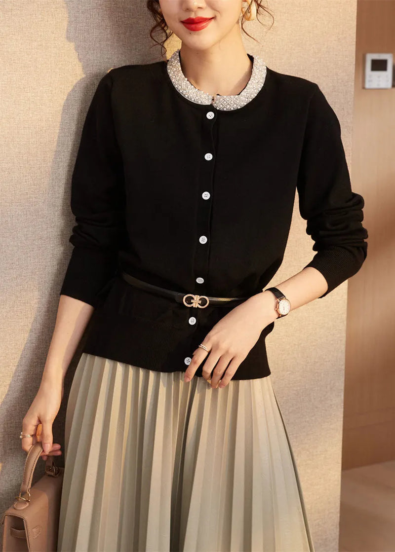 Black Slim Fit Wool Knit Cardigan O-neck Nail Bead Spring