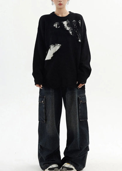 Classy Black Oversized Patchwork Ripped Sweater Tops Winter