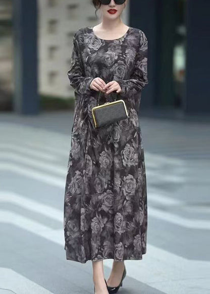 Grey O Neck Print Cotton Long Dress Fall