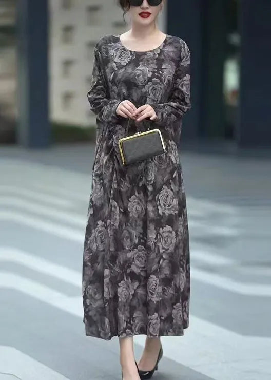 Grey O Neck Print Cotton Long Dress Fall
