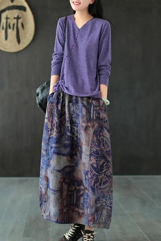 Retro Print Elastic Waist Wild Skirt