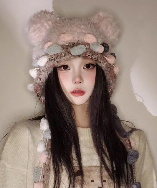 Korean Versatile Pink Warm Thick Fur Knitted Hat