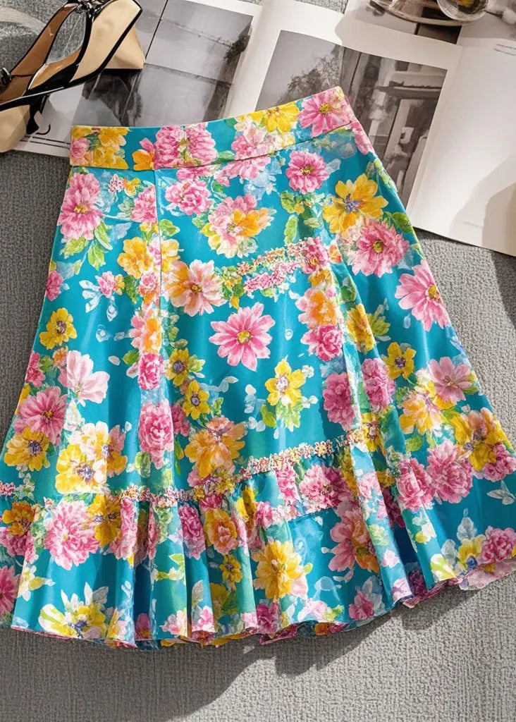 Blue Print Chiffon Wraped Skirts Summer