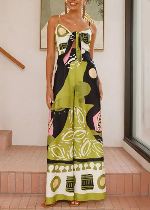 Green Print Zippered Pockets Cotton Wide Leg Jumpsuit Sleeveless