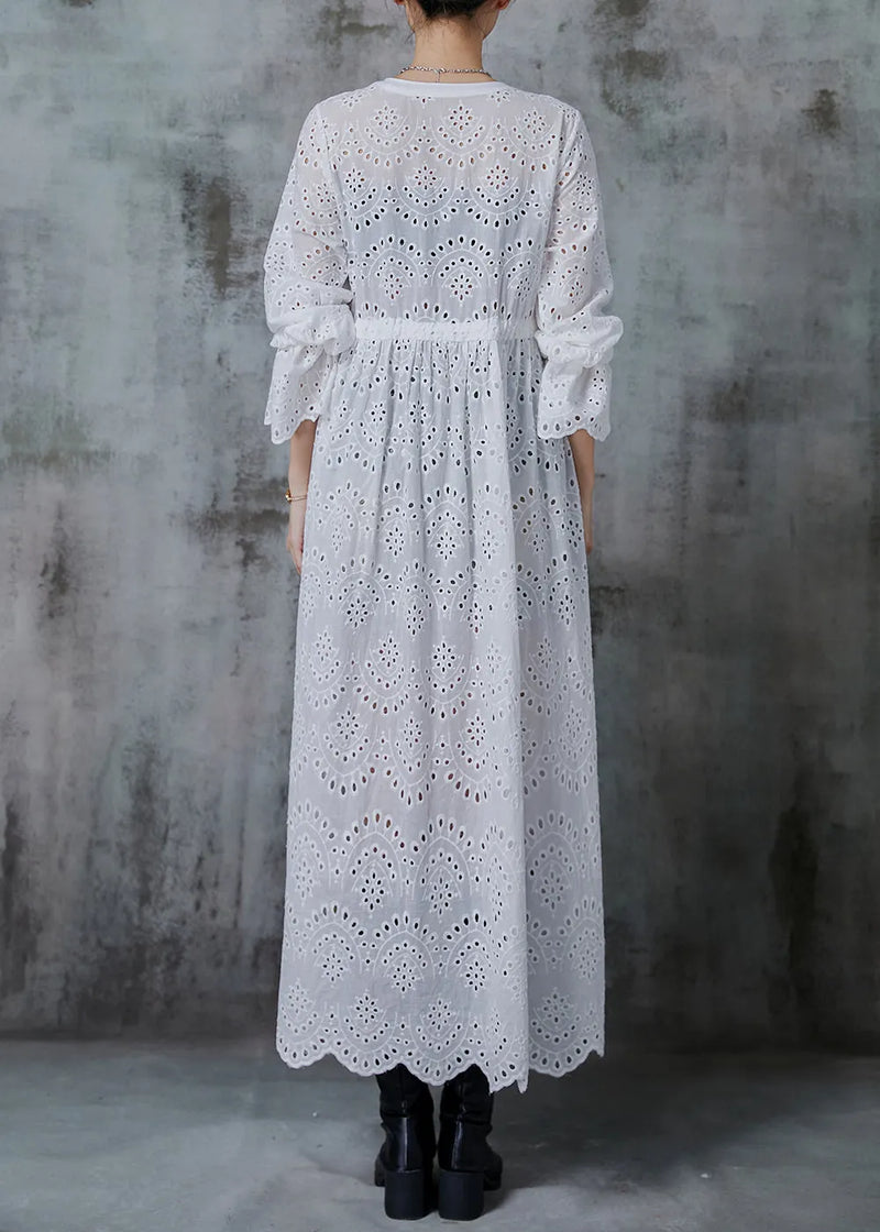 White Cinched Hollow Out Cotton Long Cardigans Fall