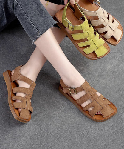 Handmade Green Cowhide Leather Flat Hollow Out Roman Sandals