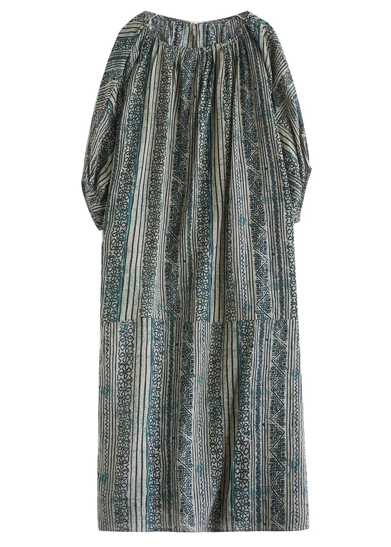 Loose Green O Neck Striped Cotton Long Dress Summer