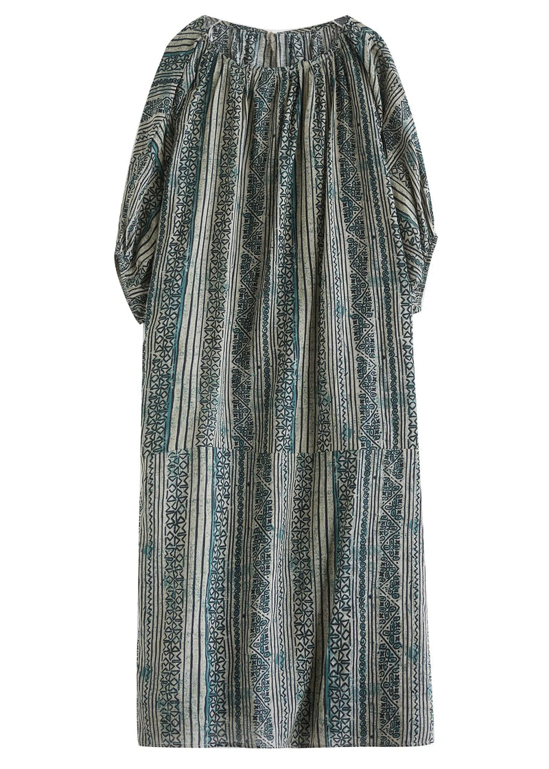 Loose Green O Neck Striped Cotton Long Dress Summer