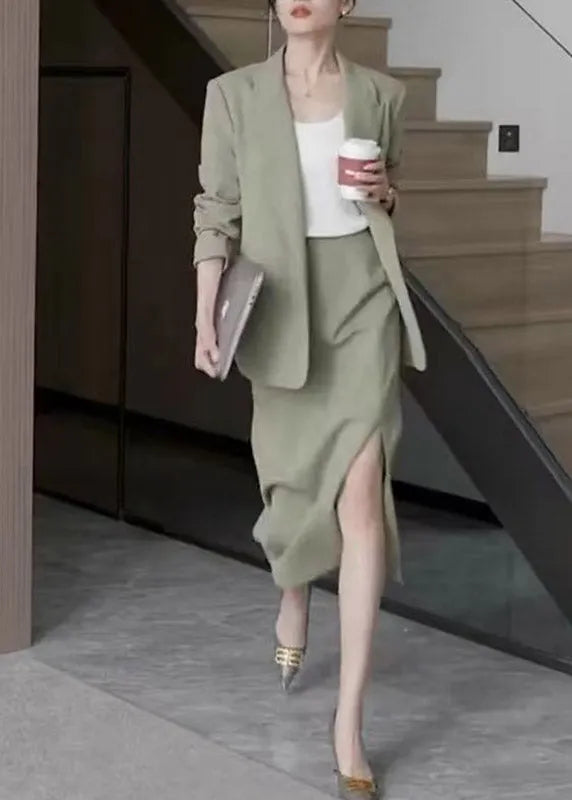 Light Green Notche Coats and Maxi Skirts Two Pieces Set Spring