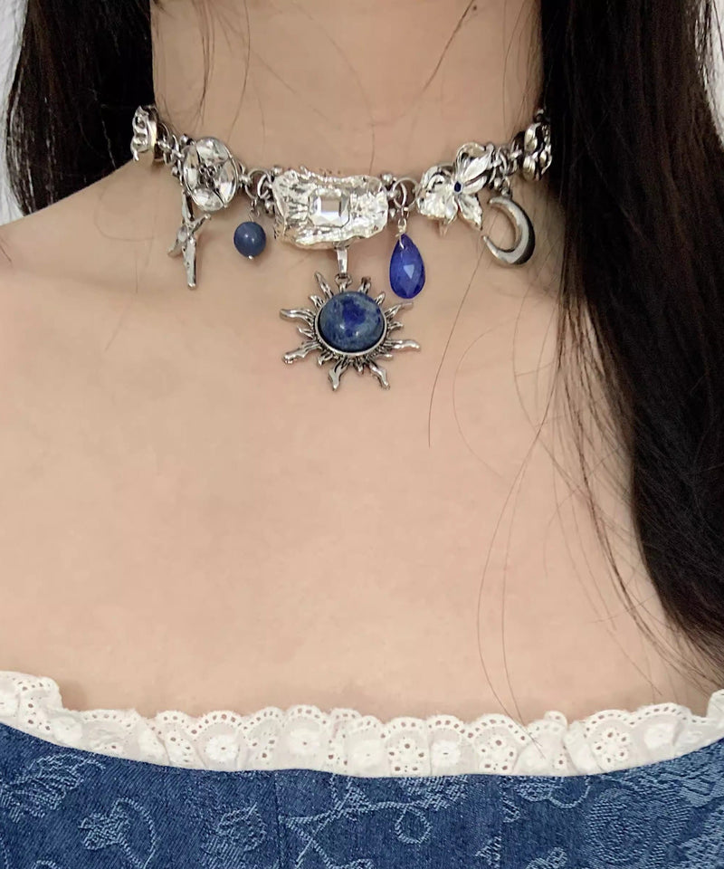 Blue Sun Zircon Moon Alloy Pendant Choker
