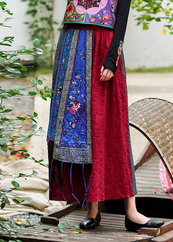 Red Embroidered a Line Skirt Summer