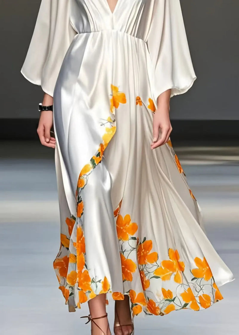 White Print Draping Silk Vacation Dresses V Neck Spring