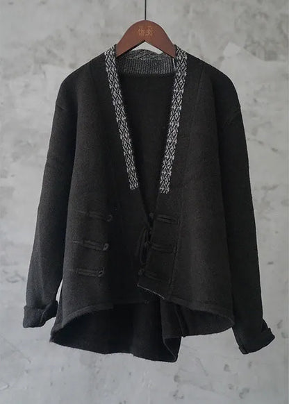 Simple Black Button Embroidered Asymmetrical Design Fall Knit Sweater