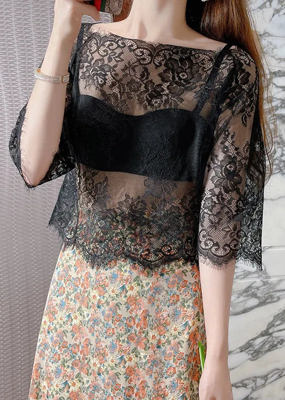 Style Black Slash Neck Hollow Out Lace Top Summer