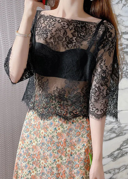 Style Black Slash Neck Hollow Out Lace Top Summer