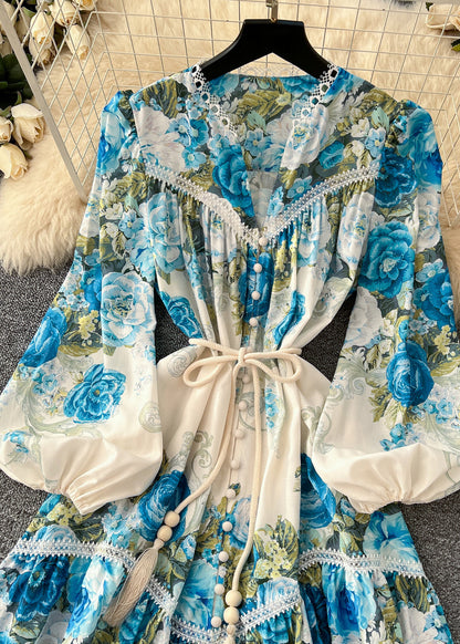 Blue Patchwork Lace Dress Tie Waist Lantern Sleeve