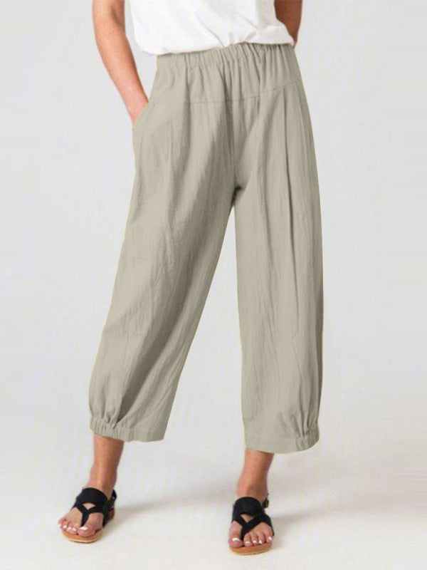 Loose Harem Pants High Waist Cotton Linen Cropped Pants Wide Leg Pants