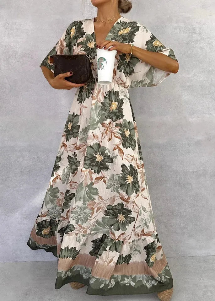 Green V Neck Print Cotton Maxi Dresses Butterfly Sleeve