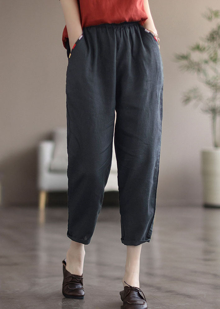 Black Pockets Linen Crop Pants Summer