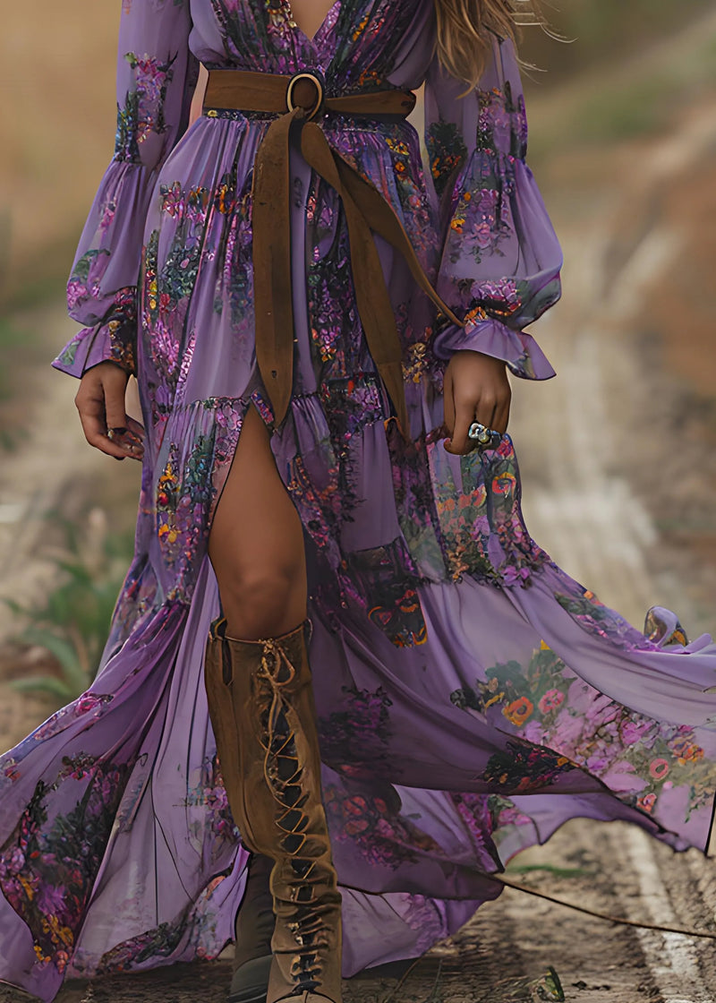Purple V Neck Print Patchwork Chiffon Holiday Dress Spring