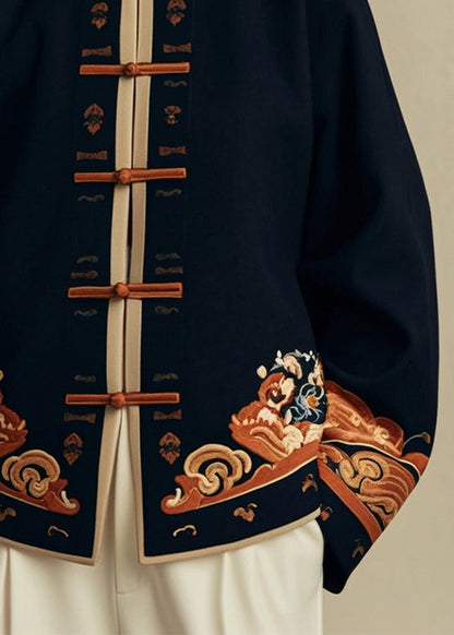 Chinese Style Navy Stand Collar Print Cotton Coats Fall