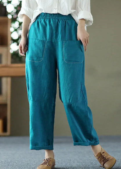 Peacock Blue Elastic Waist Patchwork Linen Harem Pants Summer