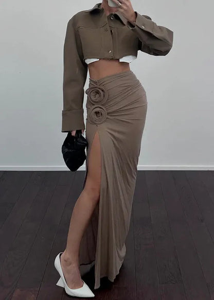 Khaki Side Open Wraped Skirts Spring