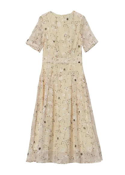 Italian Apricot O-neck Print Wrinkled Chiffon Dresses Summer