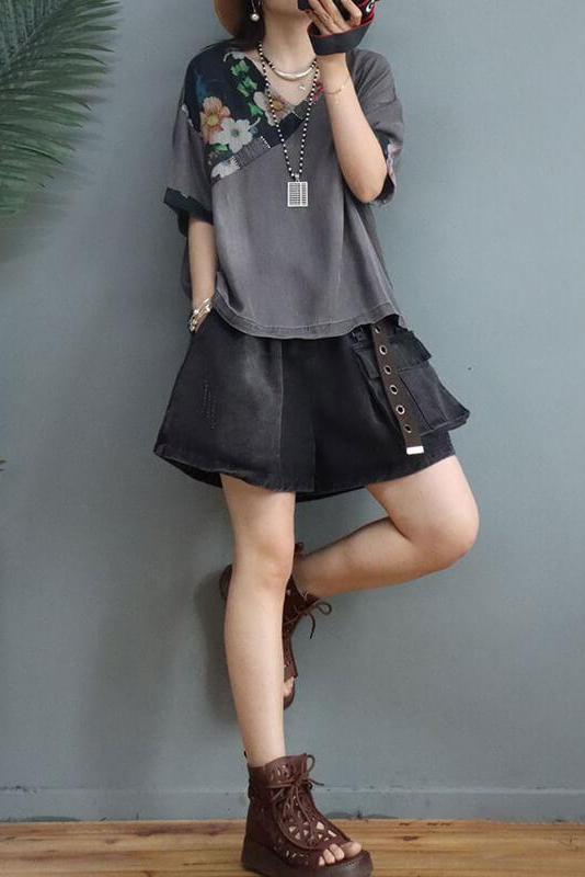 Denim Cotton Linen Stitching V Neck T-shirt