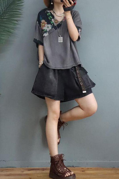 Denim Cotton Linen Stitching V Neck T-shirt