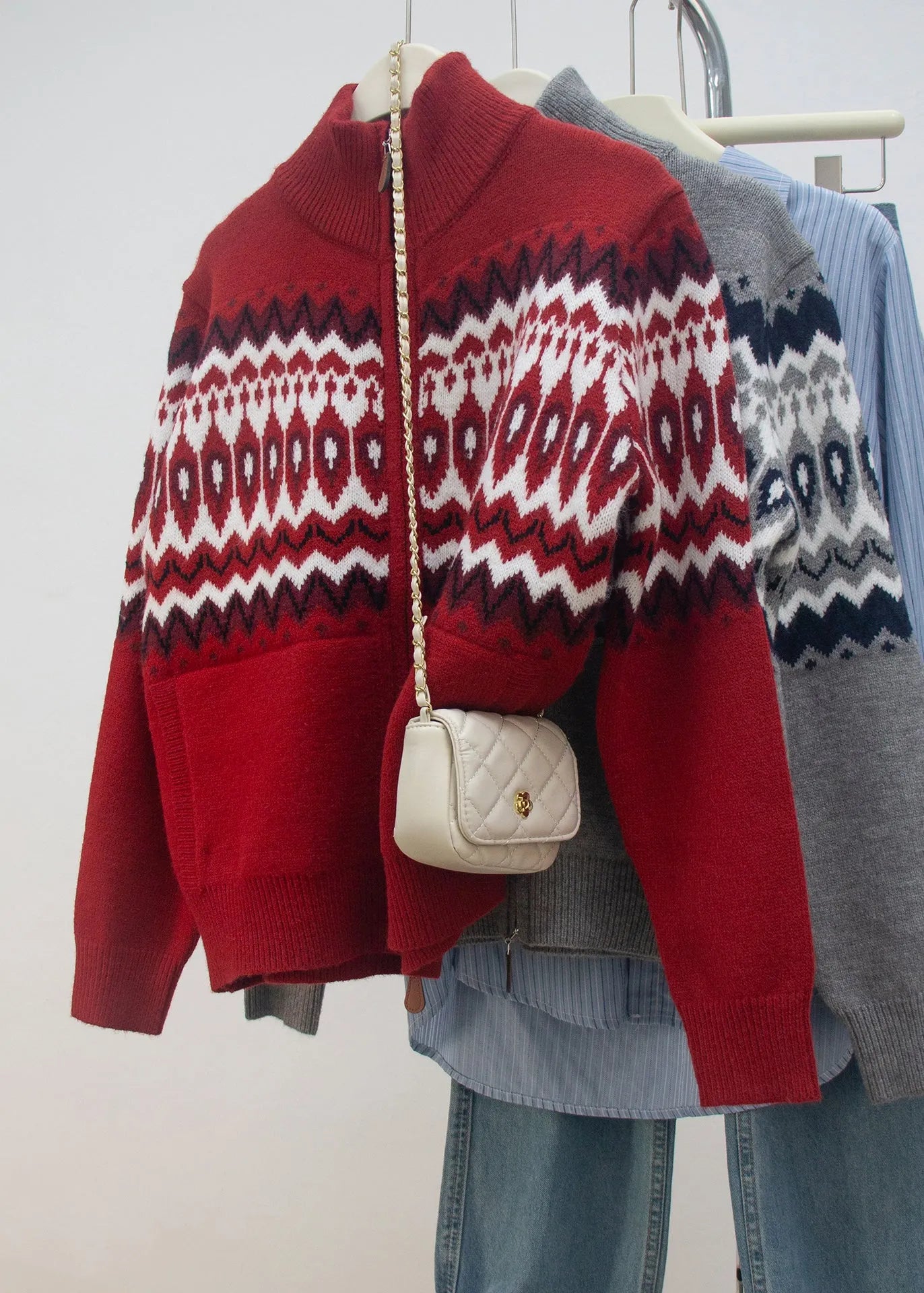 Red Zip Up Print Knit Cardigans Spring