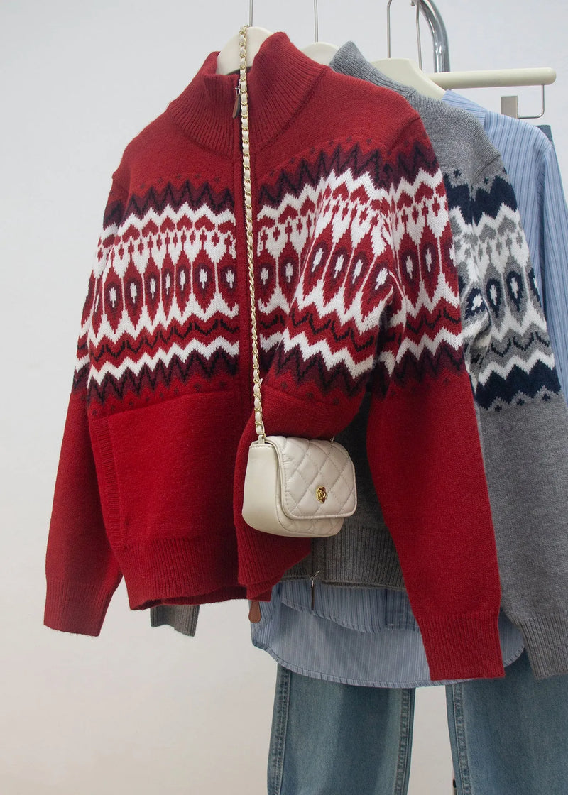 Red Zip Up Print Knit Cardigans Spring