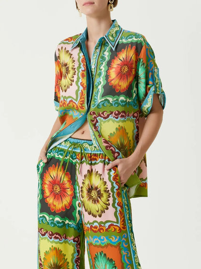 Sunflower Print Button-down Oversized Shirt