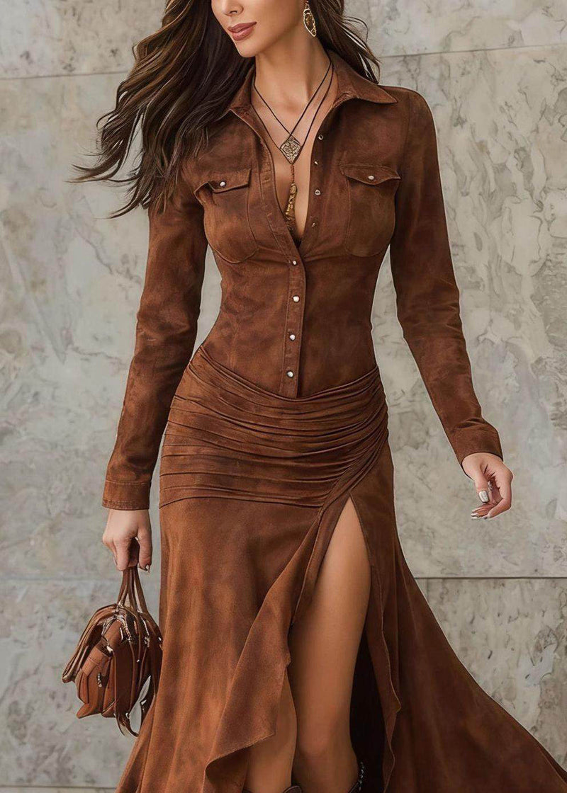 Caramel Peter Pan Collar Patchwork Side Open Velour Maxi Dress Spring