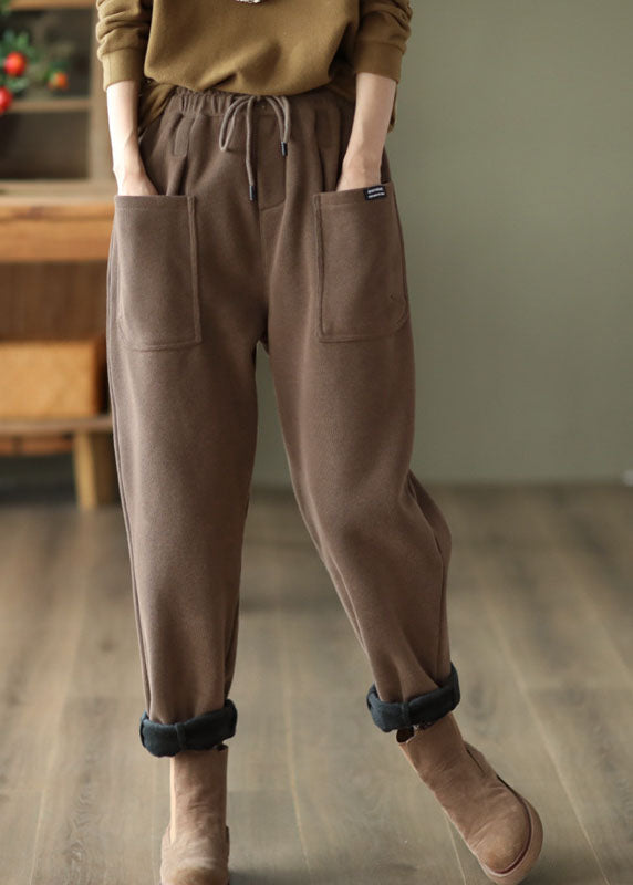Khaki Elastic Waist Drawstring Pockets Warm Fleece Pants Winter