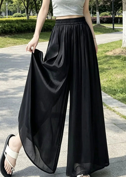 New Grey Elastic Waist Patchwork Linen Silk Wide Leg Pants Summer
