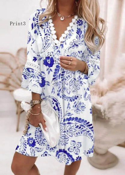 V Neck Print Patchwork Cotton Mid Dresses Summer