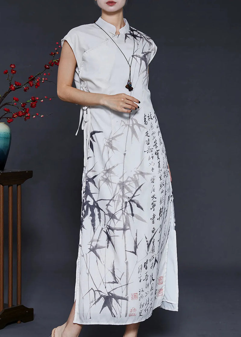 White Print Chiffon Vacation Dresses Cheongsam Sleeveless