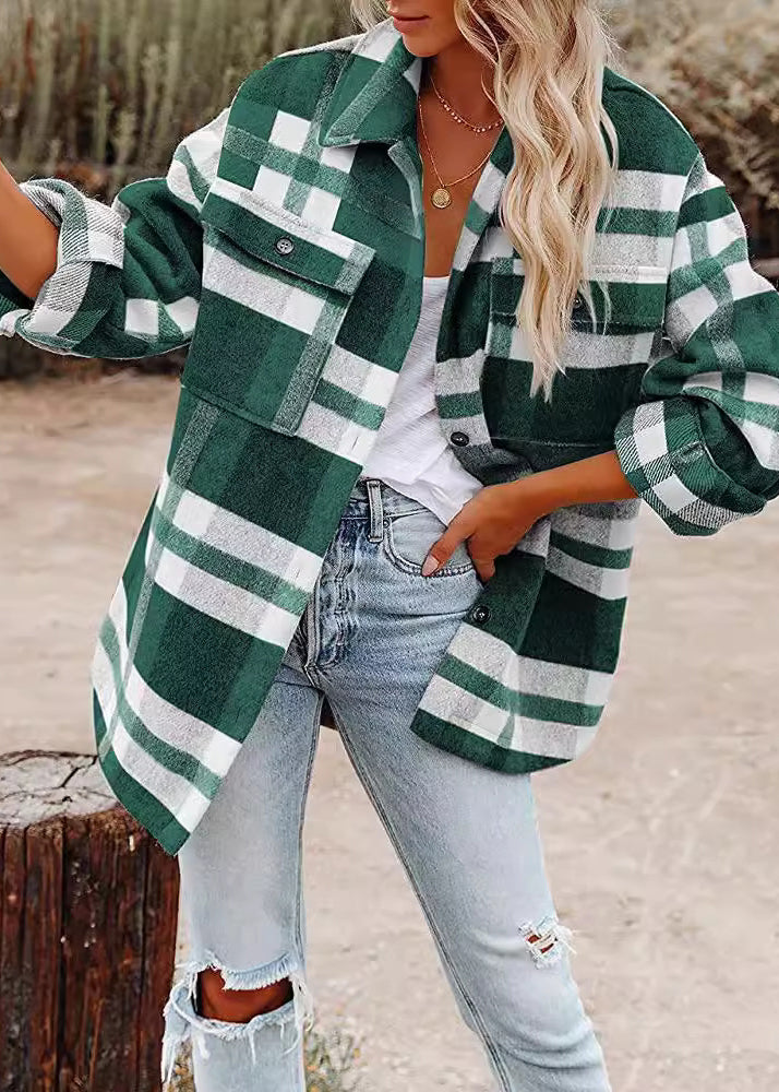Stylish Light Grey Peter Pan Collar Pockets Plaid Woolen Coat Fall