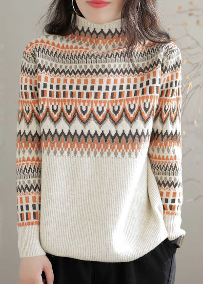 Beige Turtle Neck Thick Print Knit Sweater Tops Winter