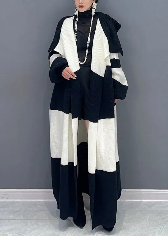 Loose White Tie Waist Pockets Patchwork Cotton Knit Long Trench Coat Spring