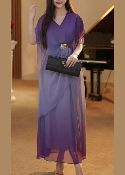 Gradient Color Asymmetrical High Waist Chiffon Long Dress Summer