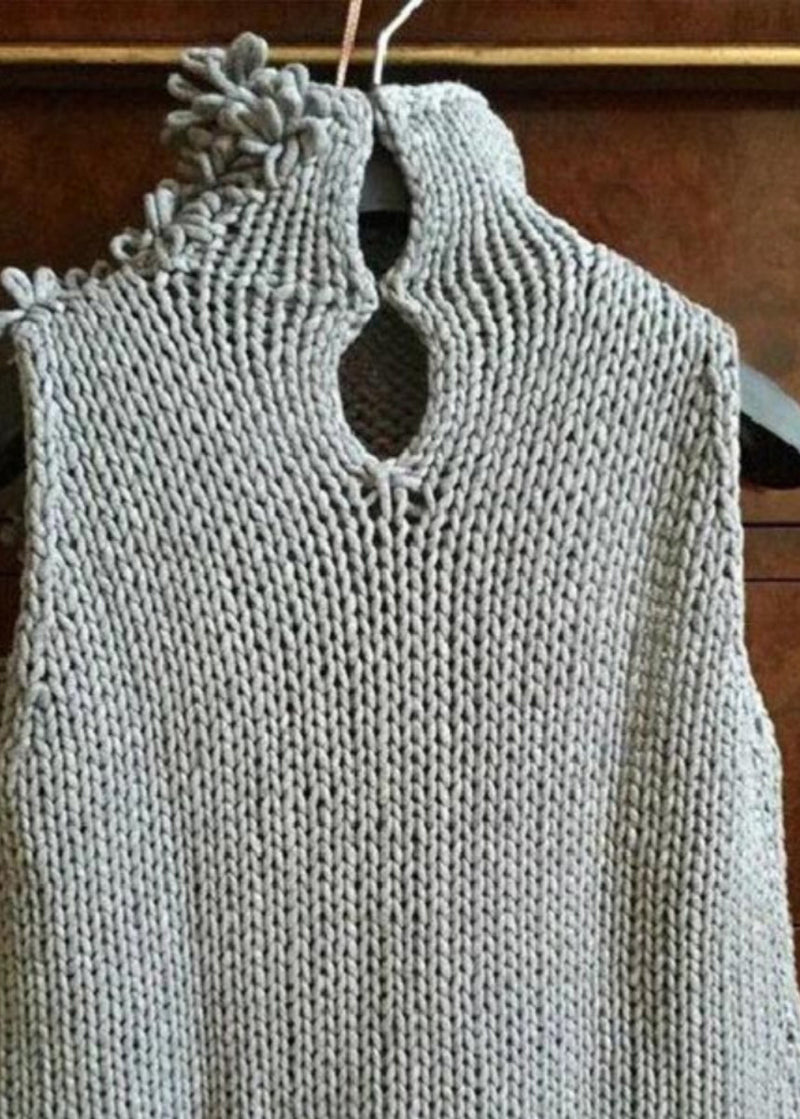 Style Grey Hign Neck Knit Vest Sleeveless