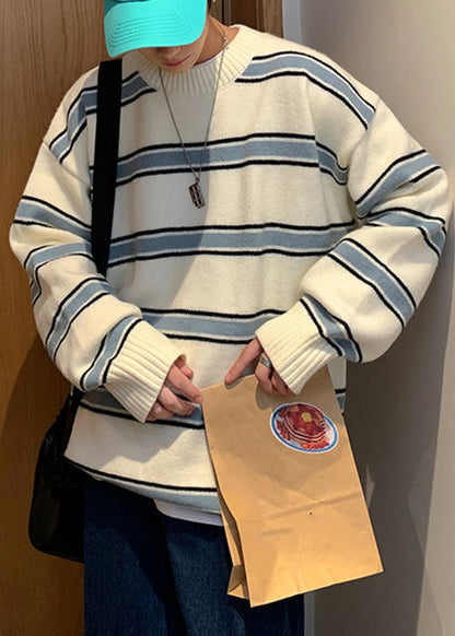 French White Striped Cozy Knit Sweaters Winter