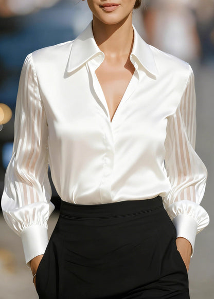 Fine White Peter Pan Collar Patchwork Silk Shirt Tops Spring