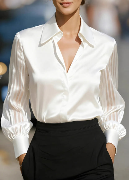 Fine White Peter Pan Collar Patchwork Silk Shirt Tops Spring